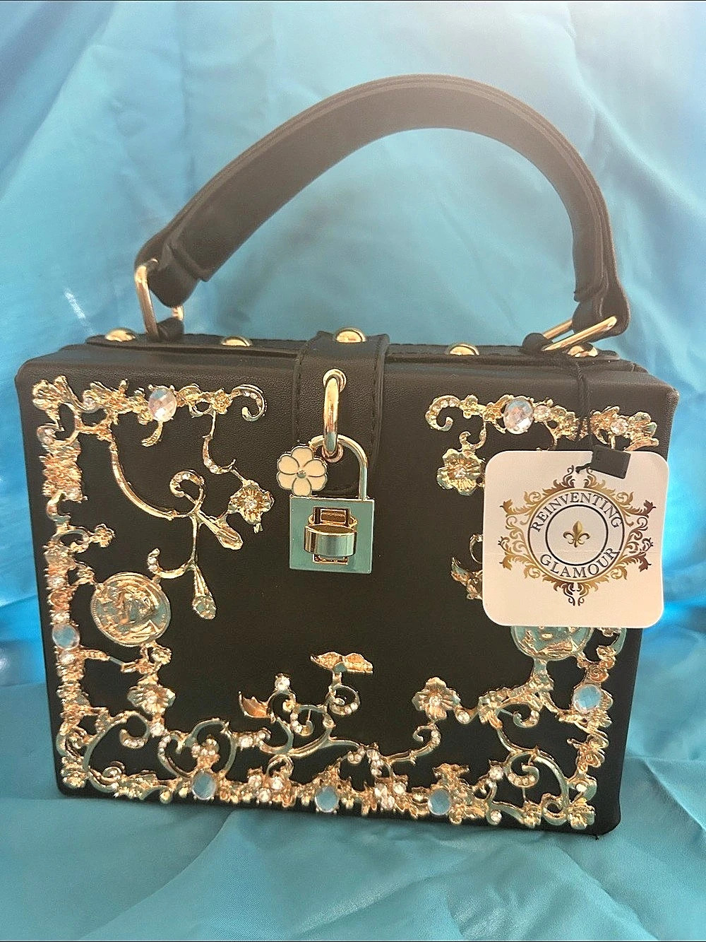 Reginnenting Glamour Embellished Shoulder Bag in Black & Gold NWT